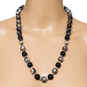 Vintage Style Banded Agate Cloisonne & Sterling Silver Beaded Necklace 24” Boho